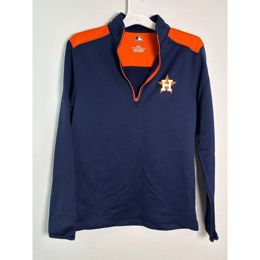 MLB Houston Astros Mens Small Quarter Zip Pullover Navy Blue Orange Fleece Lined